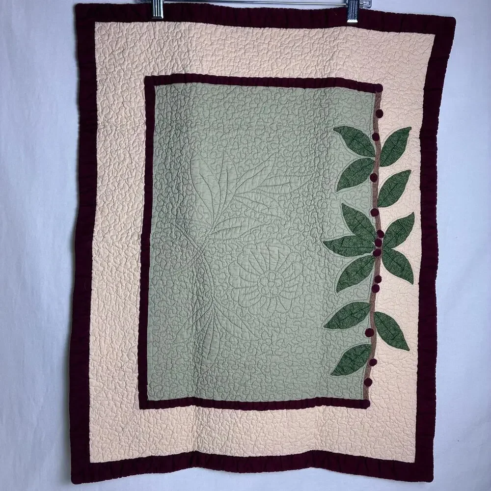 Vintage LL Bean Quilted Pillow Shams Set of 2 Sage Green Burgundy Floral Leaf